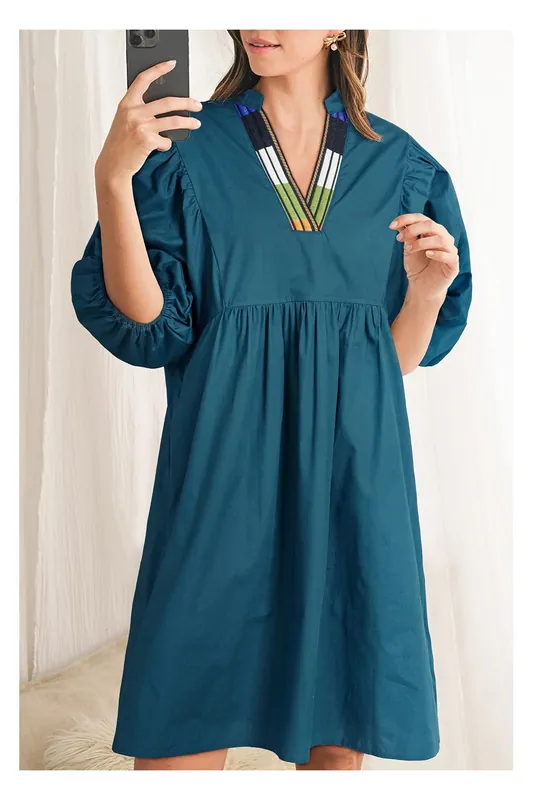Blue Sapphire Colorblock Split V Neck Puff Sleeve Mini Dress - Everyday The Label