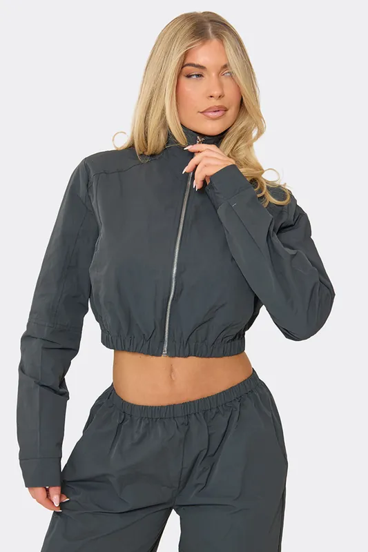 Long Sleeve Zip High Neck Zip Detail Cropped Jacket - EGO