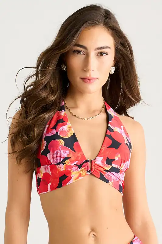 Black Contrast Floral Halter Neck Bikini Top - Gini London