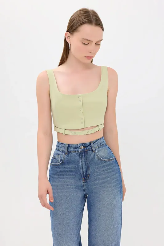 Square Neck Buttoned Cami Tank Top with Belt Detail - Hiccup