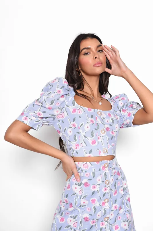 Short Sleeve Button Up Crop Top in Blue Bloom - Shnoo