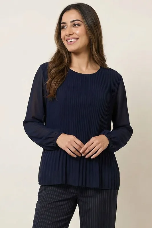 Navy Long Sleeve Pleated Top - Blue Vanilla