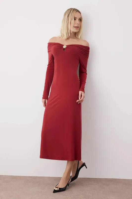 Off Shoulder Bodycon Maxi Knit Dress with Decorative Accessory Detail - WOVCOR