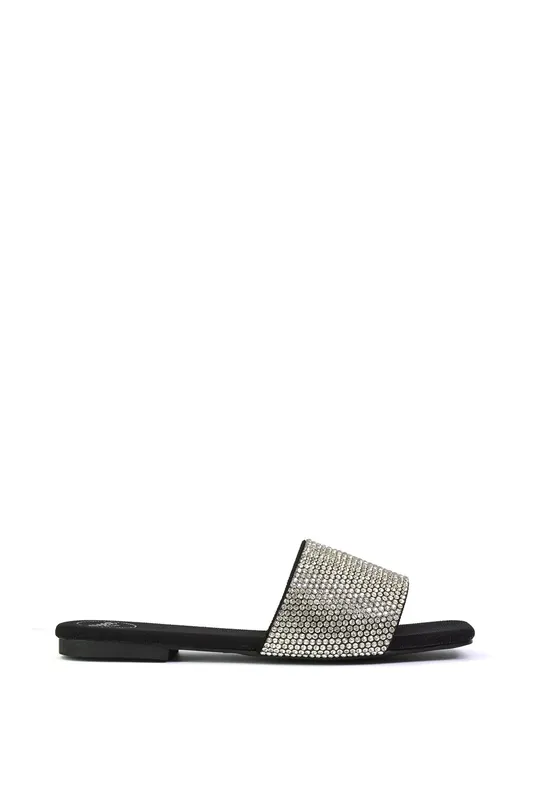 Vanity' Flat Diamante Gem Crystal Sandals with a Square Toe - XY London