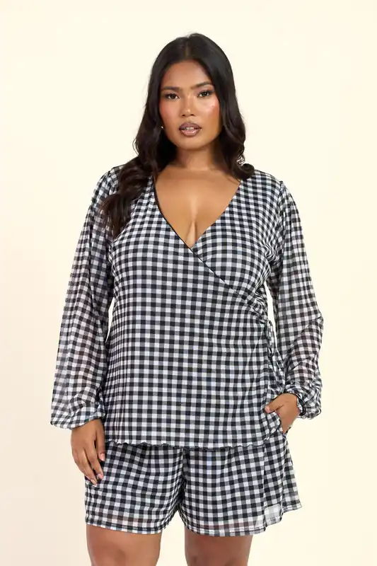 Curve Gingham Print Wrap Balloon Sleeve Mesh Blouse - FASHION-SZN