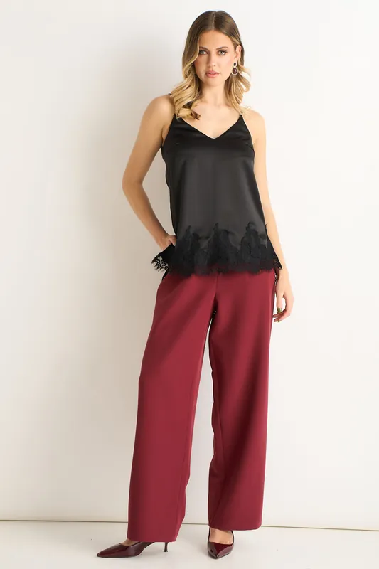 Black Lace Trim Satin Cami Top - Gini London