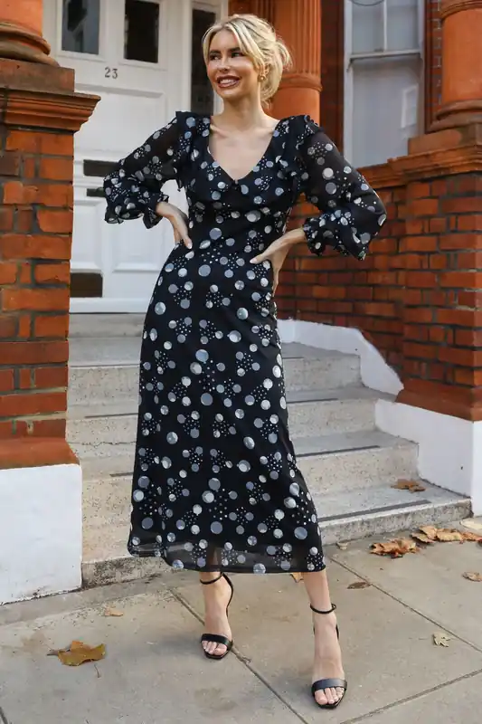 Ruffle V Neck Long Sleeve Mesh Maxi Dress - Jolie Moi