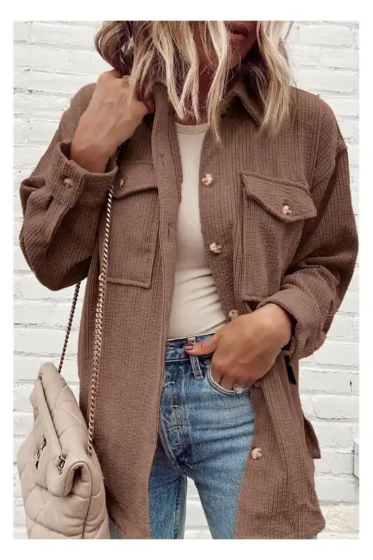 Chestnut Corduroy Flap Pocket Button Up Shacket - Everyday The Label