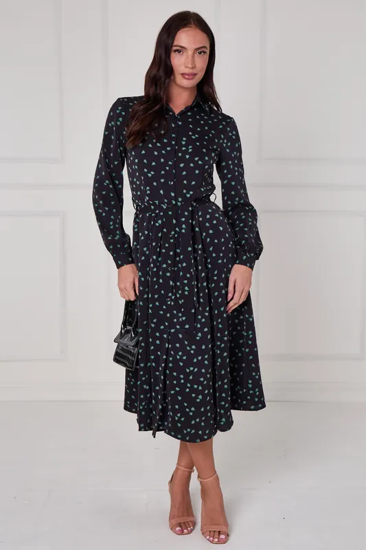 Black Teal Abstract Petal Print Midi Shirt Dress - Love Sunshine