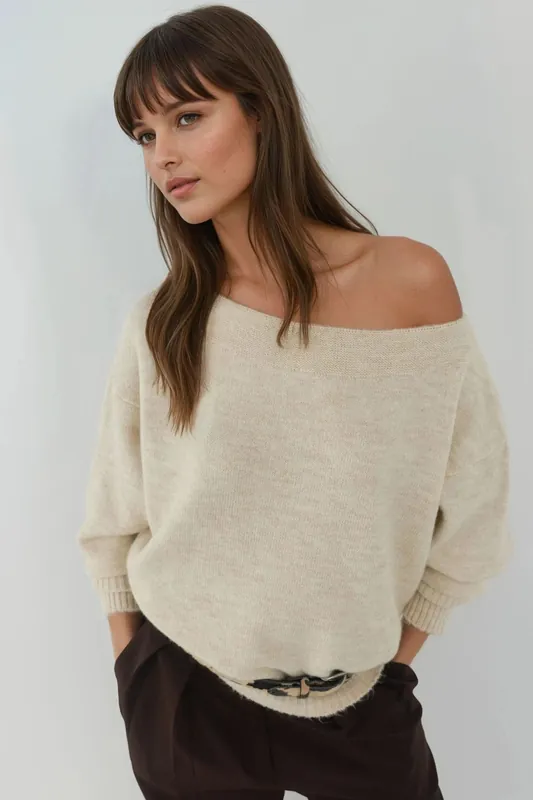 Soft Textured Off Shoulder Knit Sweater - Hiccup