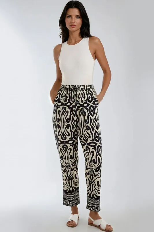 Navy Ikat Print Pull On Trousers - Aftershock London