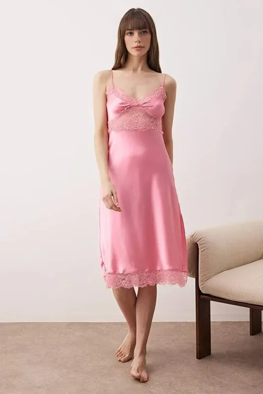 Lace Trim Satin Midi Nightdress with Strappy Design - WOVCOR