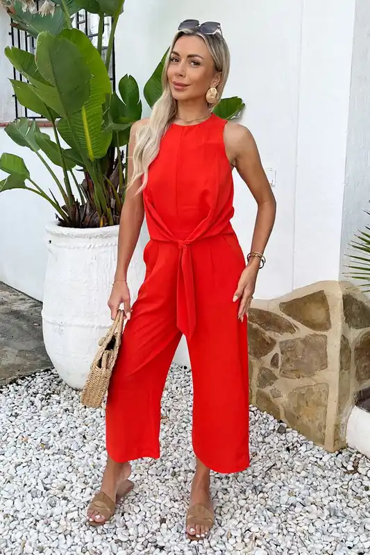 Burnt Orange Racer Neck Tie Waist Jumpsuit - AX Paris