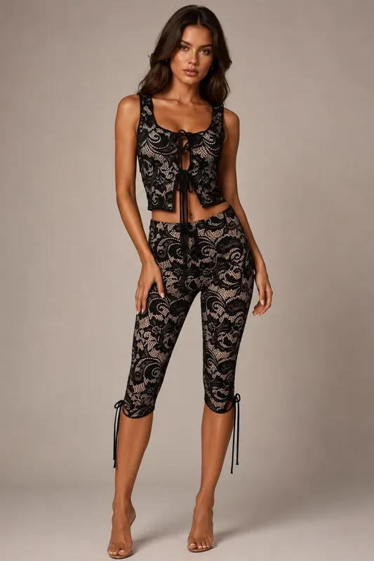 Lace Tie-Front Cropped Top and Capri Legging Co-Ord Set