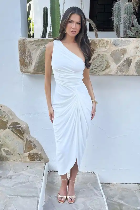 Cream One Shoulder Gathered Skirt Midi Dress - AX Paris
