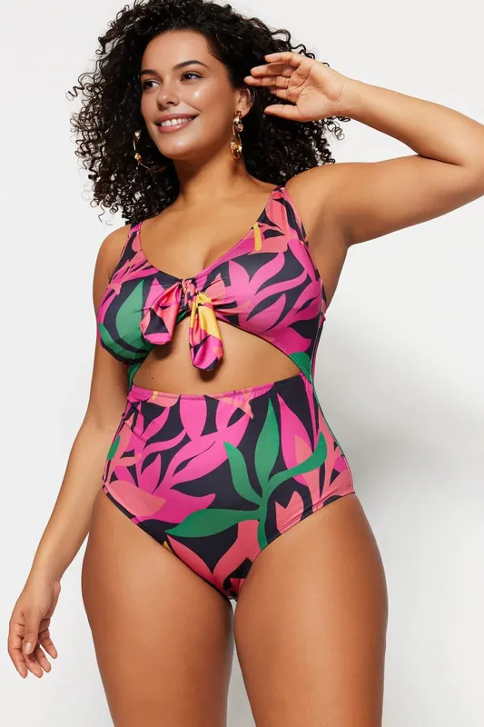 Cut Out Tie Front Printed Swimsuit - WOVCOR