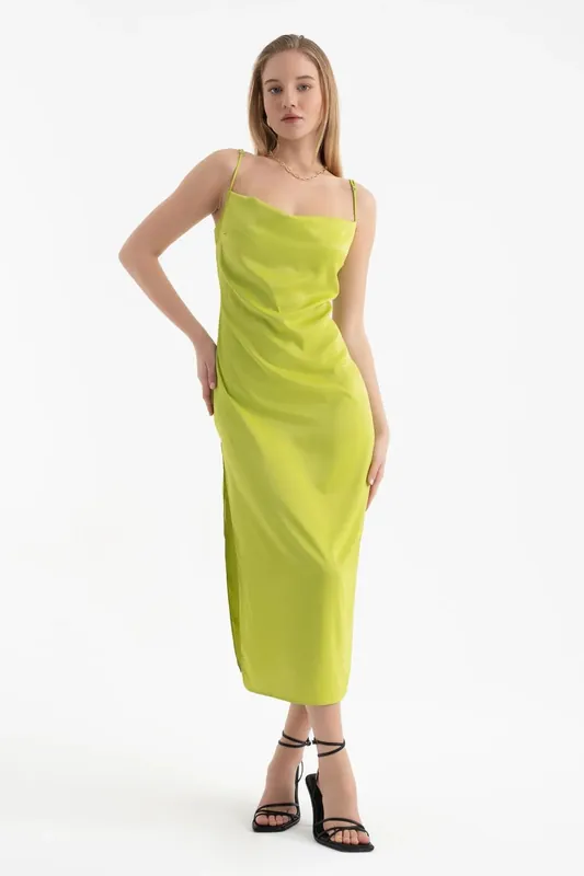 Satin Cowl Neck Strappy Slit Maxi Dress - Hiccup