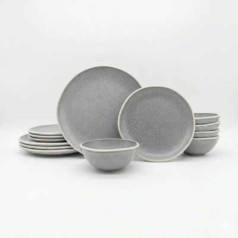 Reactive Grey Glaze Dinner Set Nordic Pebble Plates Bowls 18pc Set - Glim & Glam