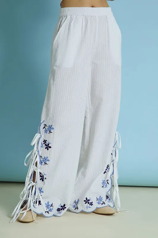 Cotton Stretch Tie Side Floral Embroidered Trousers - Neon Rose