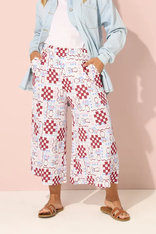 Floral Check Crinkle Midaxi Culottes - Yours