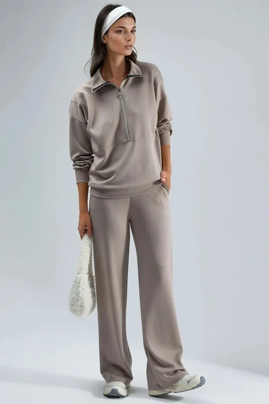 Modal Touch Two-Piece Wide Leg Set with Zipper Collar