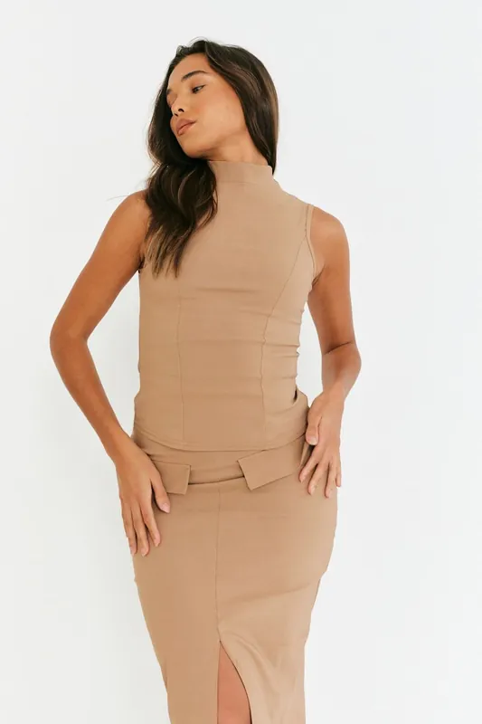 Camel Structured High Neck Co-Ord Top