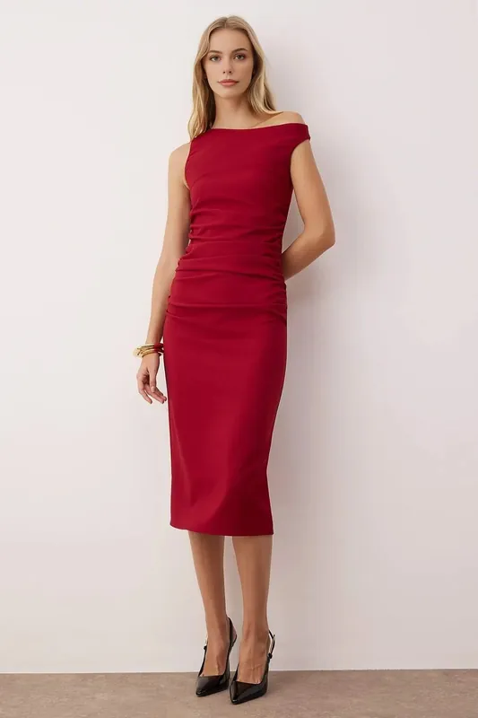 One-Shoulder Ruched Midi Dress With Side Drape