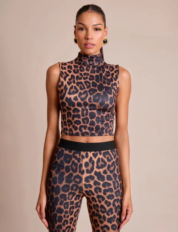High Neck Luxe Slinky Crop Top Leopard - Public Desire