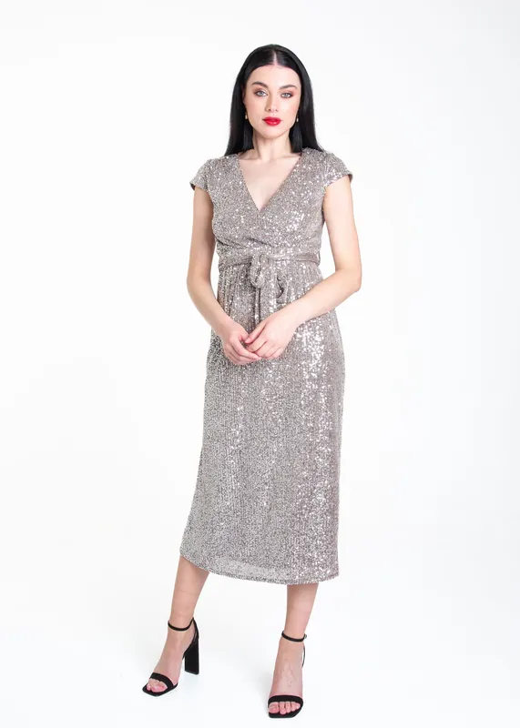 Gun Metal Sequin Belted Midi Wrap Dress - Gini London