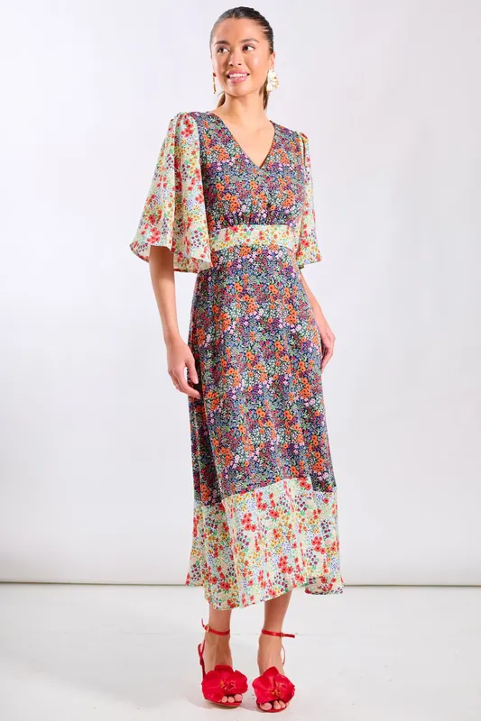 Contrast Floral Angel Sleeve Midi Dress - Needs No Label