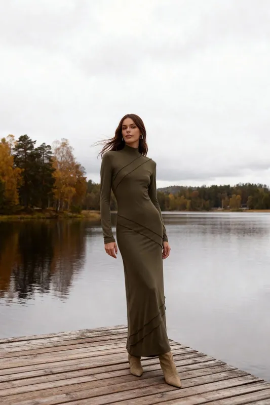 High Neck Long Sleeve Panel Detail Maxi Dress - WOVCOR