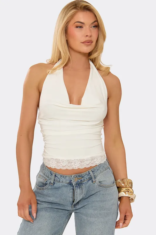 Sleeveless Cowl Neck Lace Trim Slinky Top - EGO