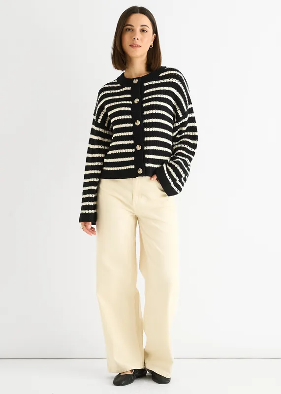 Black Stripe Cable Knit Crop Cardigan - Gini London
