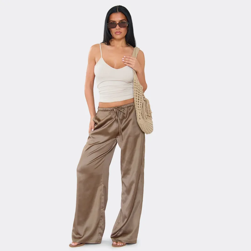 Wide Leg Satin Mid Rise Trousers - EGO