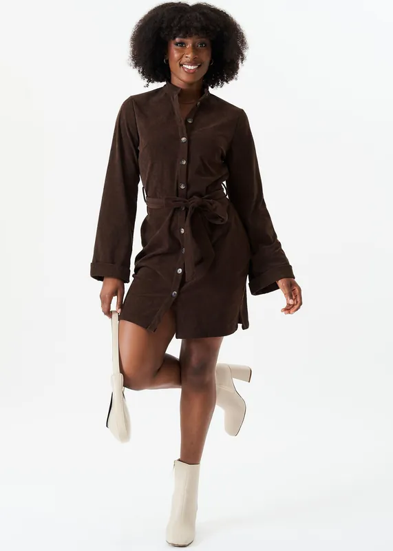 Brown Button Front Belted Corduroy Shirt Dress - Gini London