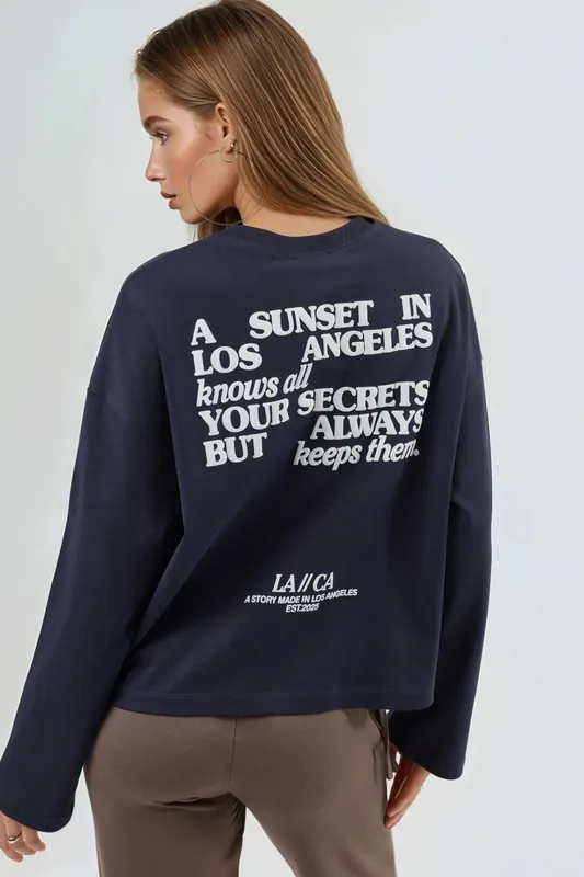Relaxed Fit Long Sleeve Crew Neck Back Printed Top - Busem