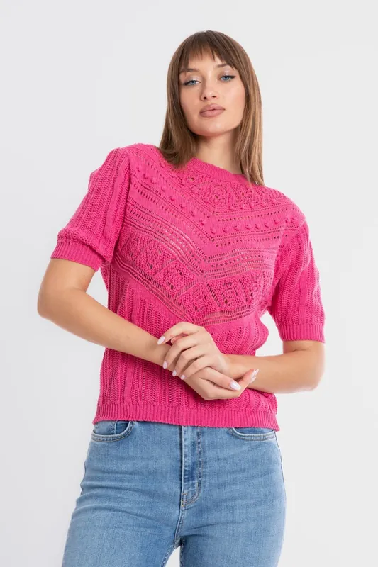 Solid High Neck Detailed Short Sleeve Sweater - Hiccup