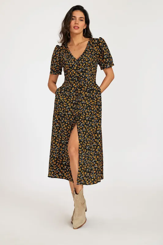 Ditsy Floral Print Button-Front Midi Dress with Short Sleeves In Black
