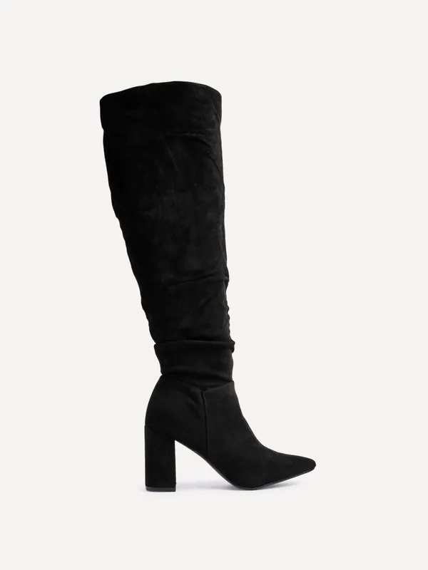 Bonnie Black Suede Block Heel Knee High Ruched Boot - Linzi