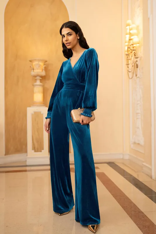 Teal Velvet Long sleeve Jumpsuit - Yumi