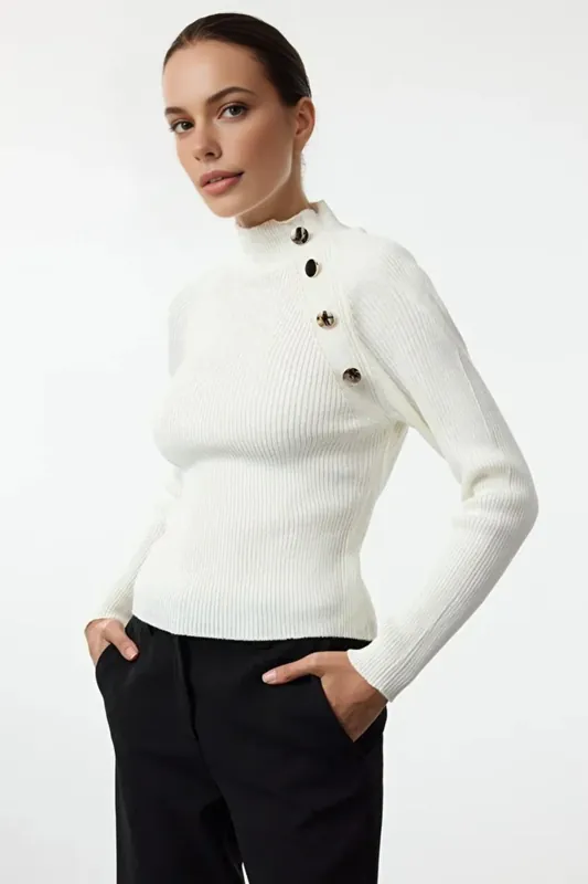Stand-Up Collar Slim Rib Knit Sweater With Button Detail