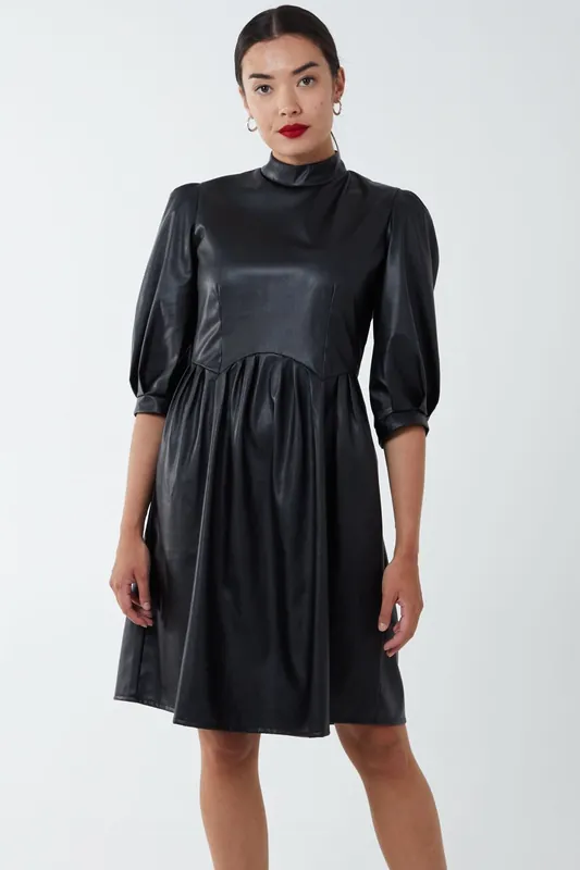 High Neck PU Dress - Blue Vanilla