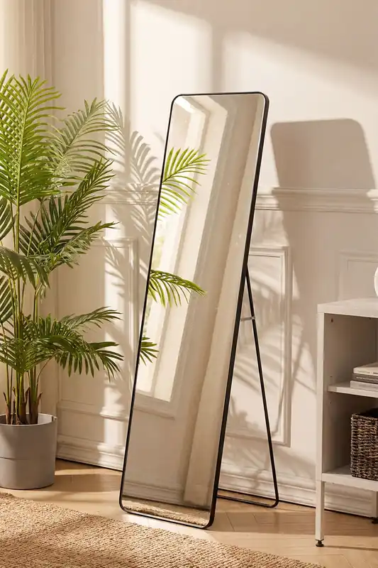 37x147cm Black Metal Frame Full-Length Mirror with Stand – Wall-Mounted/Floor-Standing for Bedrooms, Dorms & Compact Spaces