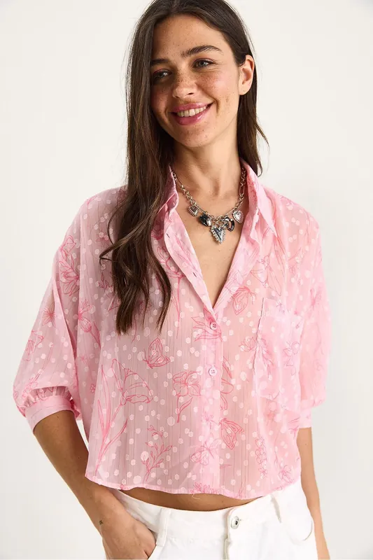 Floral Jacquard Short Sleeve Button-Up Shirt with Pocket