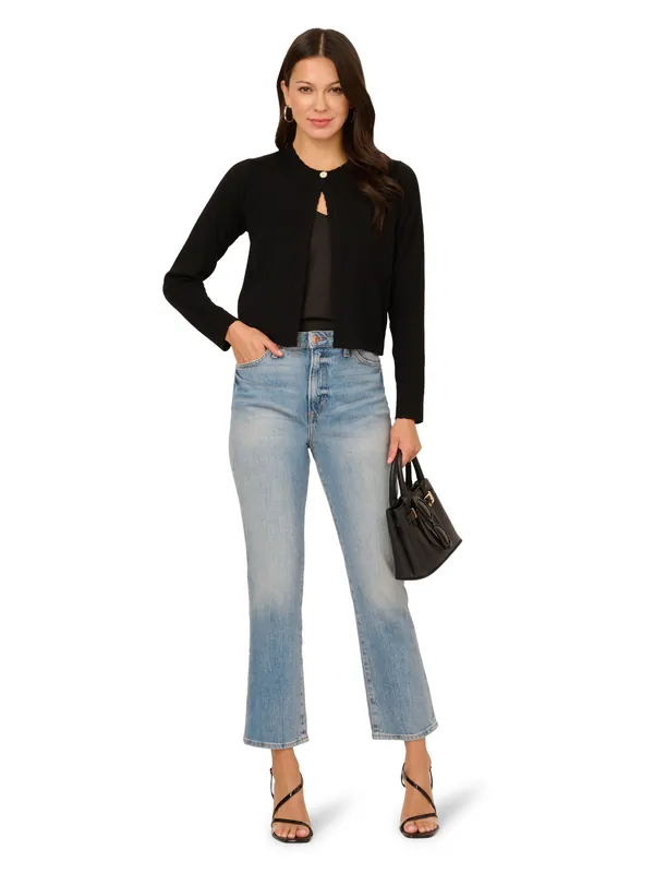 Long Sleeve Crew Neck One Button Closure Cardigan Sweater - Adrianna Papell