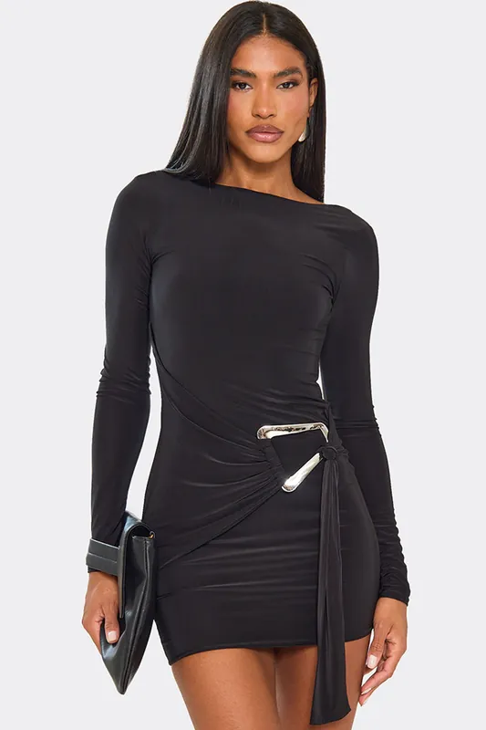 Long Sleeve Drape Mini Dress - EGO