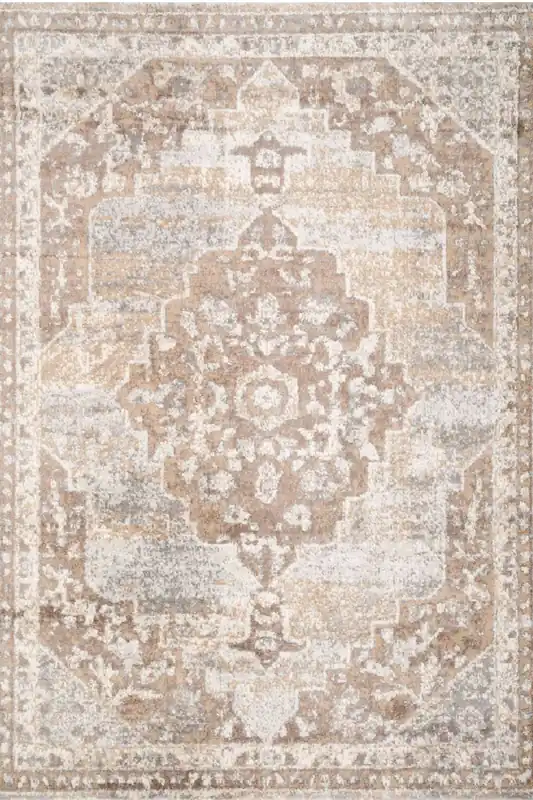 Beige Traditional Medallion Bordered Living Area Rug - Kukoon