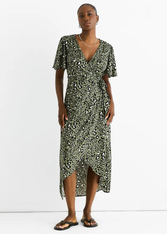 Khaki Animal Print Viscose Wrap Midi Dress - Gini London