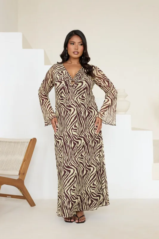 Curve Zebra Print Ring Detail Buttermilk Flare Sleeve Midi Dress - FASHION-SZN