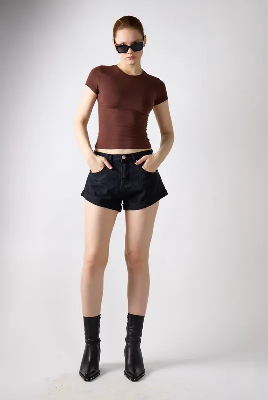 Washed Black Button Denim Shorts - Shnoo